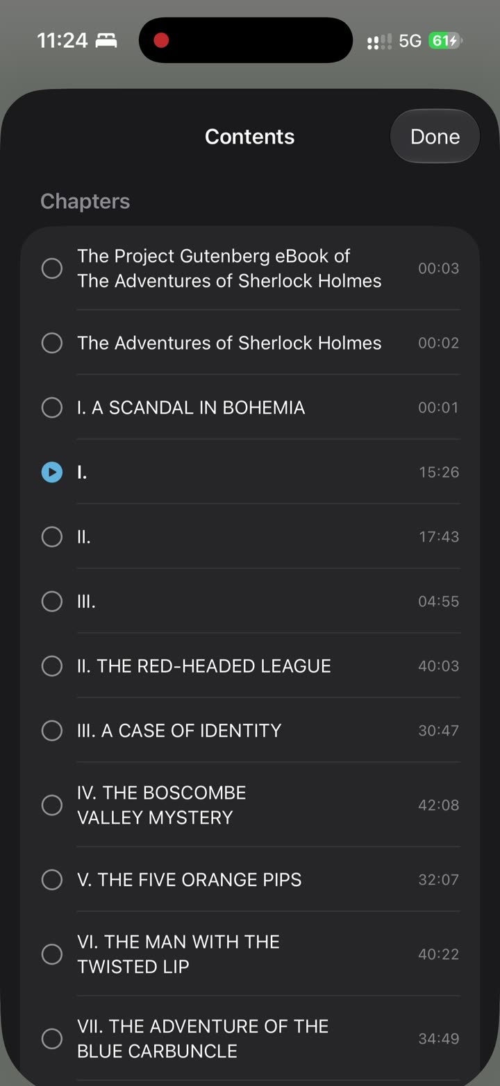 Chapter list of The Adventures of Sherlock Holmes with reading times