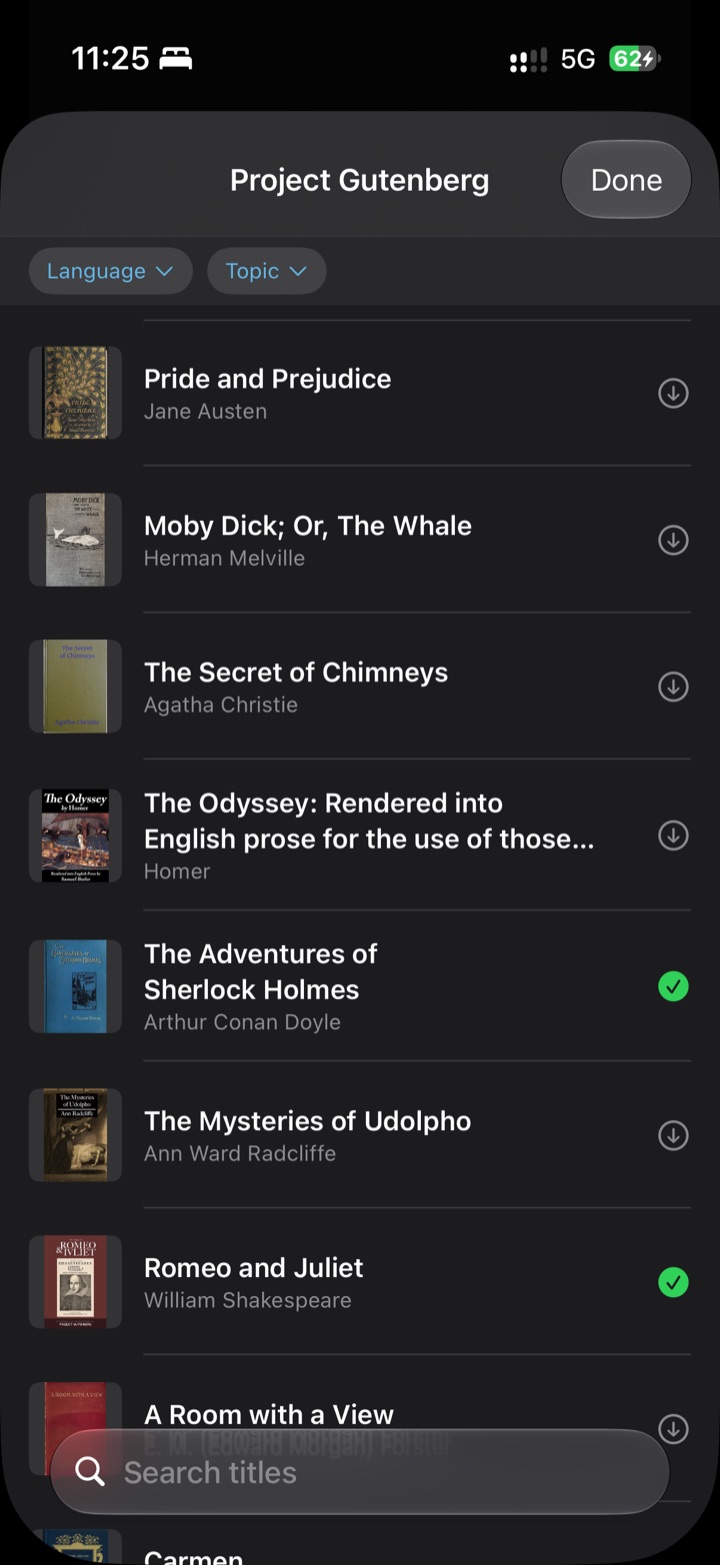 Browsing Project Gutenberg with download buttons