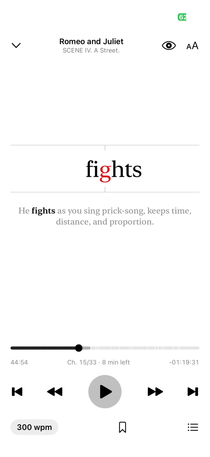 The reader showing the word 'fights' with a red 'g' and the sentence below